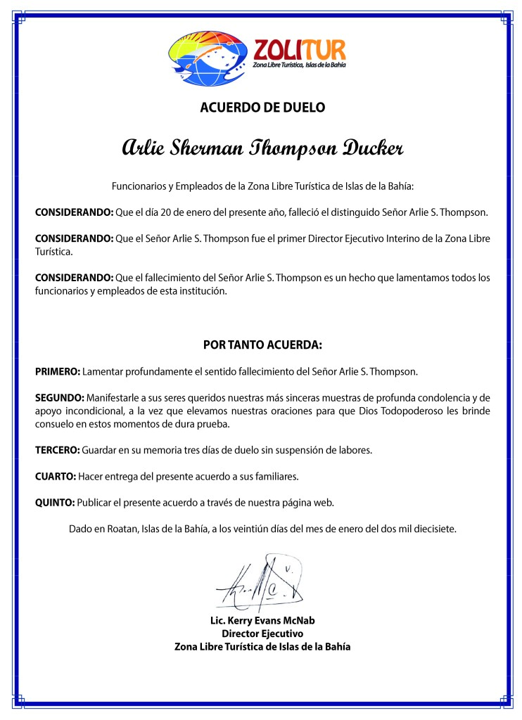 Acuerdo de Duelo Sr. Arlie Thompson